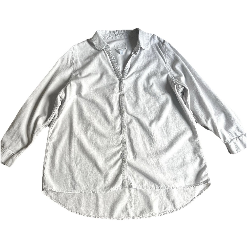 Sigrid Olsen 10 Linen Button Down Blouse 1X Roll Tab Sleeve Silver Gray Light